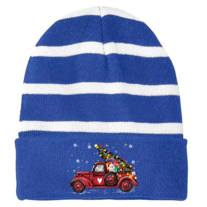 Shih Tzu Dog Love Red Pickup Truck Christmas Cute Gift Striped Beanie with Solid Band