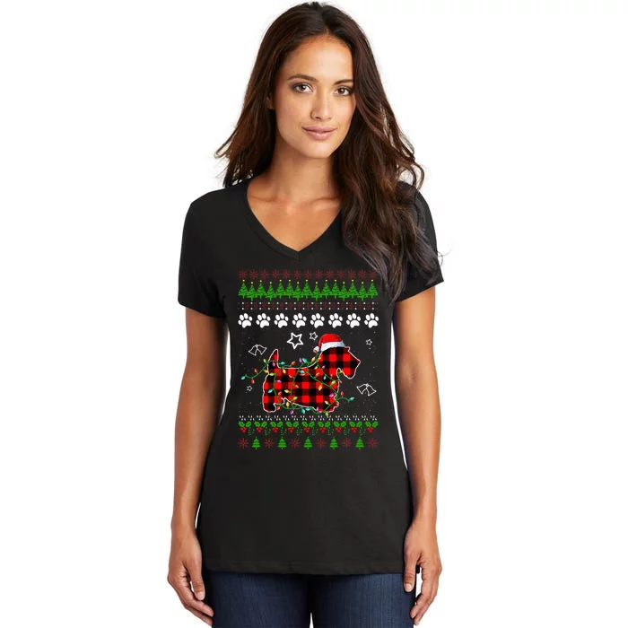 Scottish Terrier Dog Funny Xmas Ugly Sweater Women's V-Neck T-Shirt