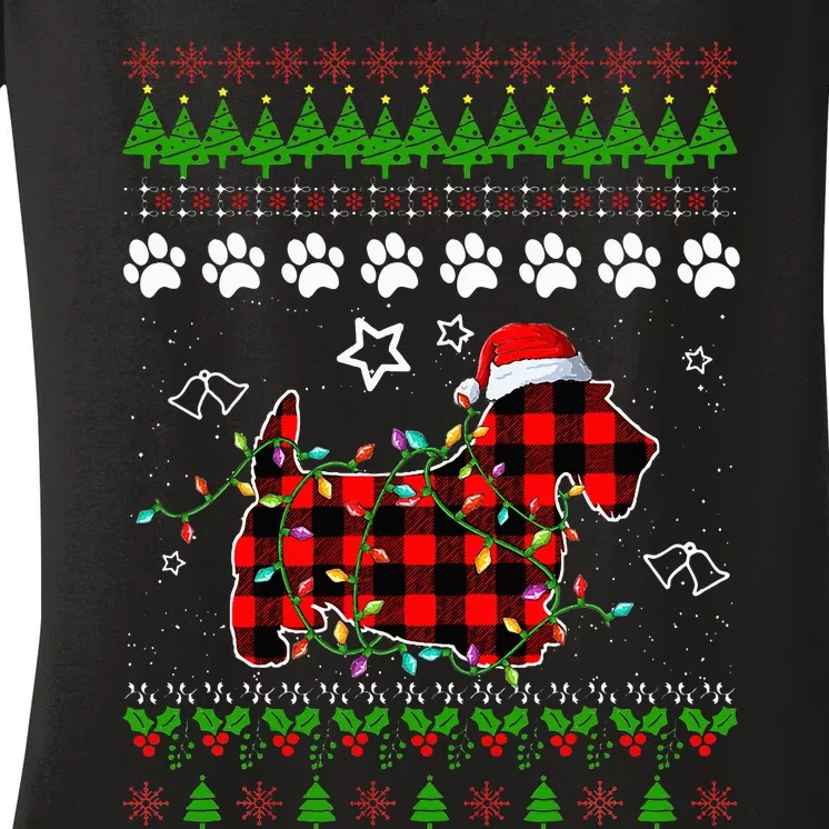 Scottish Terrier Dog Funny Xmas Ugly Sweater Women's V-Neck T-Shirt