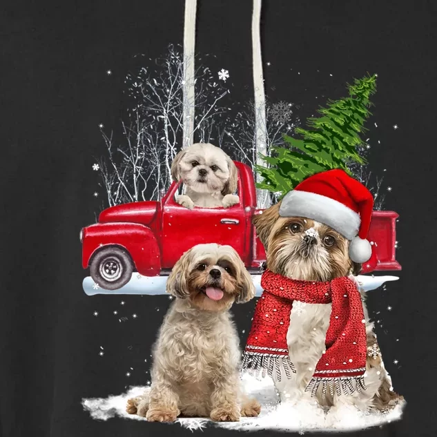 Shih Tzu Dog Riding Red Truck Christmas Tree Xmas Gift Garment-Dyed Fleece Hoodie