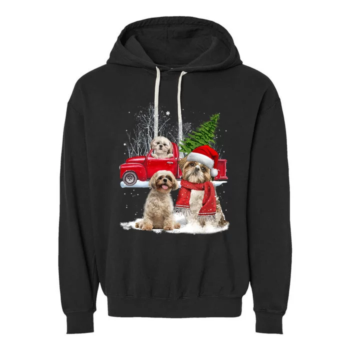 Shih Tzu Dog Riding Red Truck Christmas Tree Xmas Gift Garment-Dyed Fleece Hoodie