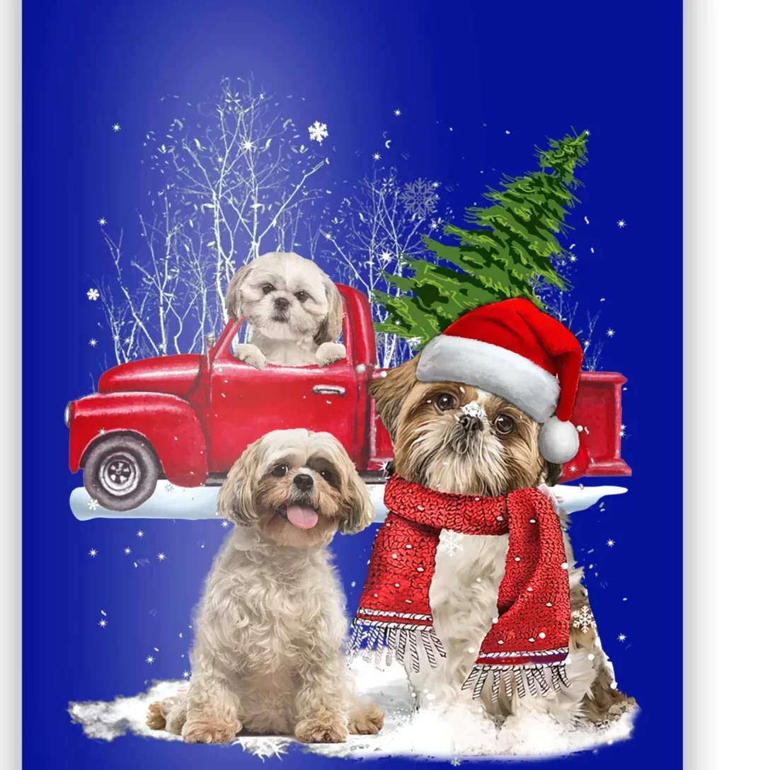 Shih Tzu Dog Riding Red Truck Christmas Tree Xmas Gift Poster