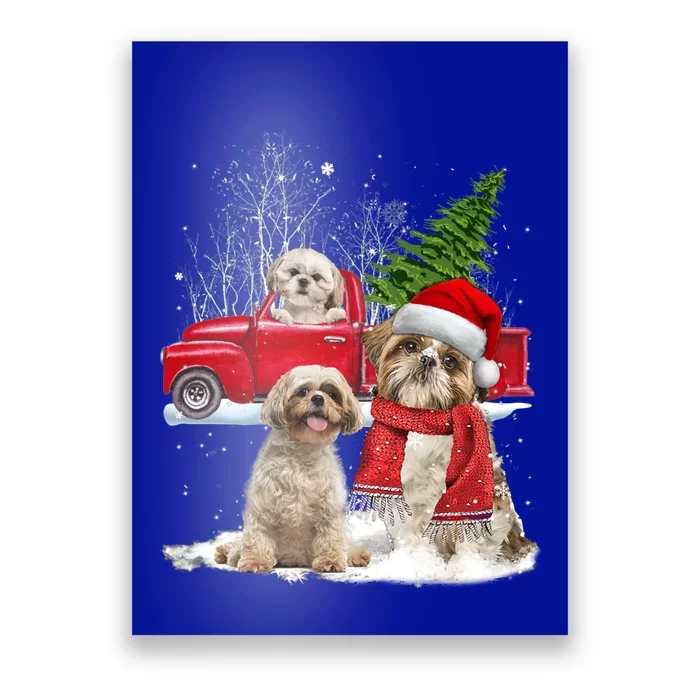 Shih Tzu Dog Riding Red Truck Christmas Tree Xmas Gift Poster