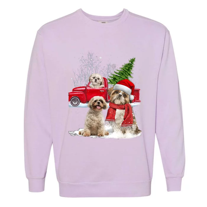 Shih Tzu Dog Riding Red Truck Christmas Tree Xmas Gift Garment-Dyed Sweatshirt