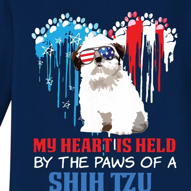 Shih Tzu Dog Heart 4th Of July Dog Lover USA Flag Men Women Baby Long Sleeve Bodysuit