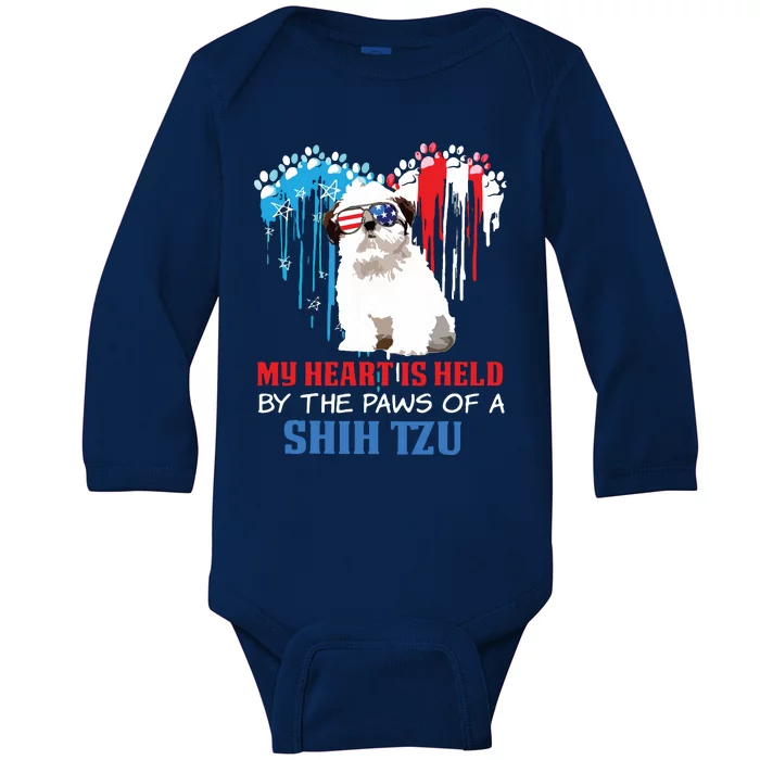 Shih Tzu Dog Heart 4th Of July Dog Lover USA Flag Men Women Baby Long Sleeve Bodysuit