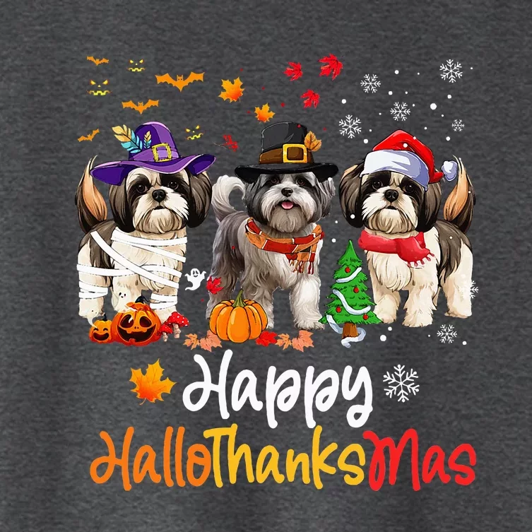 Shih Tzu Dog Halloween Christmas Happy Hallothanksmas Women's Crop Top Tee