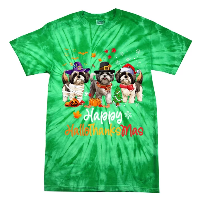 Shih Tzu Dog Halloween Christmas Happy Hallothanksmas Tie-Dye T-Shirt