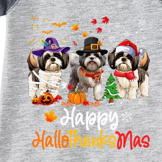 Shih Tzu Dog Halloween Christmas Happy Hallothanksmas Infant Baby Jersey Bodysuit