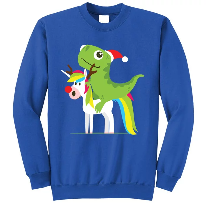 Santasaurus Trex Dinosaur Riding Reindeer Unicorn Christmas Gift Tall Sweatshirt