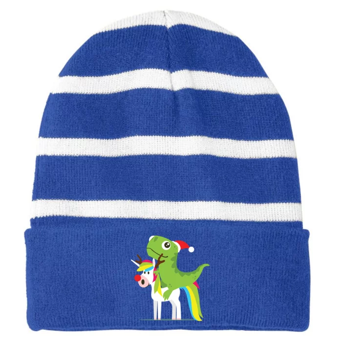 Santasaurus Trex Dinosaur Riding Reindeer Unicorn Christmas Gift Striped Beanie with Solid Band