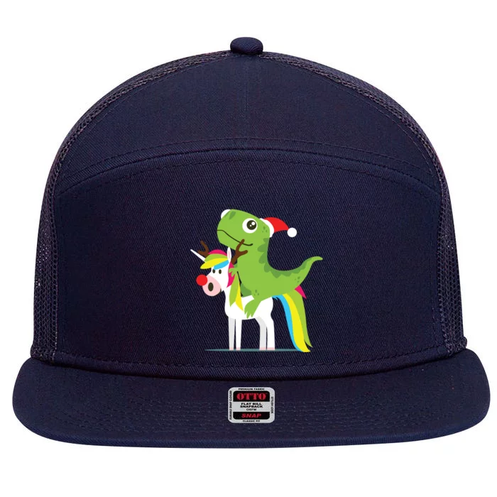 Santasaurus Trex Dinosaur Riding Reindeer Unicorn Christmas Gift 7 Panel Mesh Trucker Snapback Hat