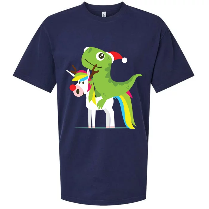 Santasaurus Trex Dinosaur Riding Reindeer Unicorn Christmas Gift Sueded Cloud Jersey T-Shirt