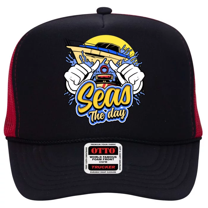 Seas The Day Compass Ocean Maritime Sealife Gift High Crown Mesh Trucker Hat