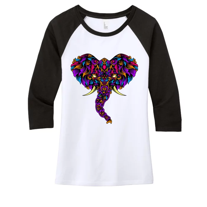 Save The Elephants Ornate Colorful Elephant Head Women's Tri-Blend 3/4-Sleeve Raglan Shirt