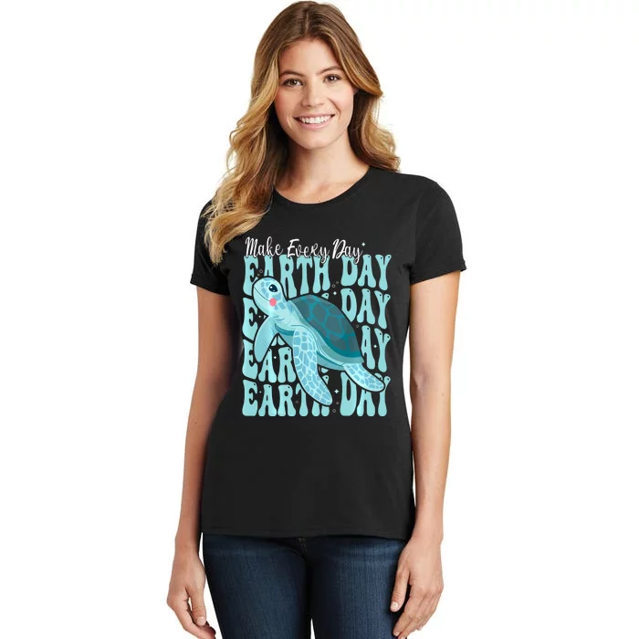 Sea Turtle Earth Day Groovy Make Every Day Earth Day 2024 Women's T-Shirt