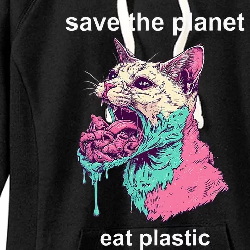 Save The Environment Eat Plastic Cute Funny Sarcastic Cat Women's Fleece Hoodie