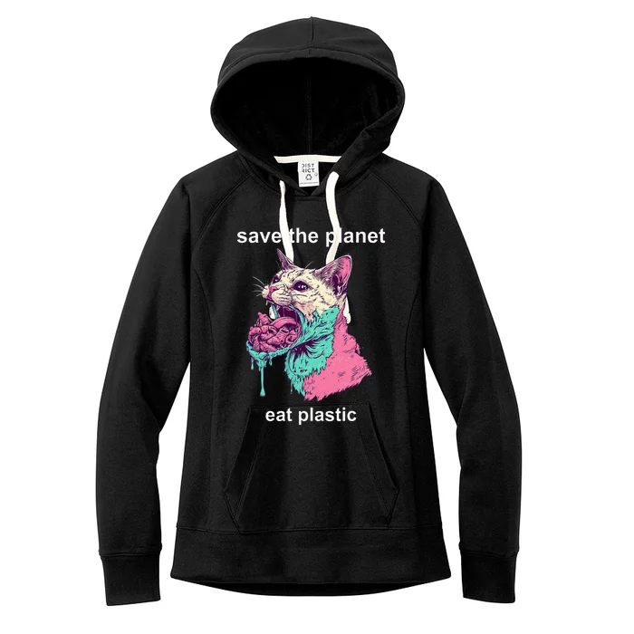 Save The Environment Eat Plastic Cute Funny Sarcastic Cat Women's Fleece Hoodie