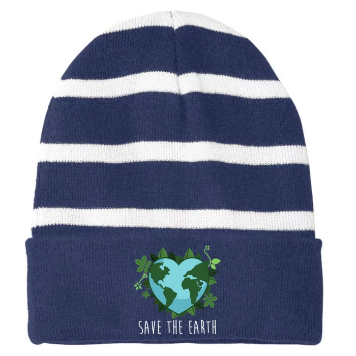 Save The Earth Planet Heart Earth Day Striped Beanie with Solid Band