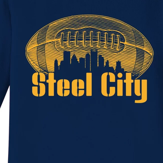 Steel City Pittsburg Skyline Football Baby Long Sleeve Bodysuit