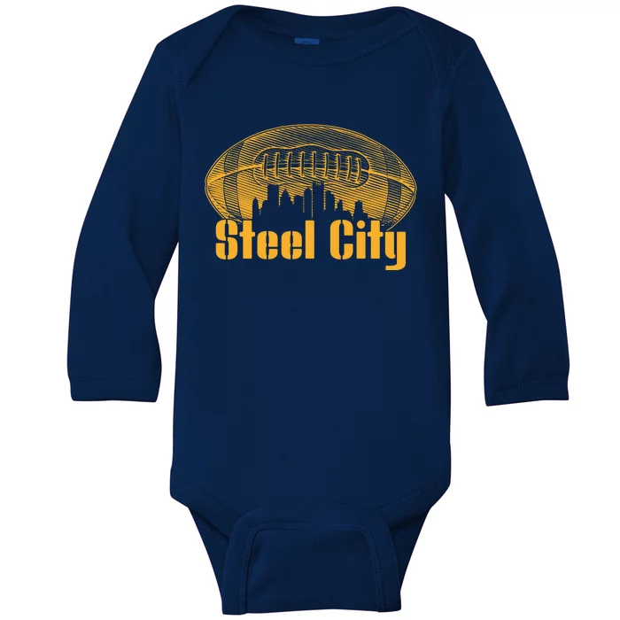 Steel City Pittsburg Skyline Football Baby Long Sleeve Bodysuit