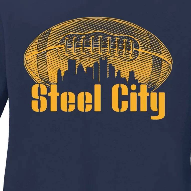 Steel City Pittsburg Skyline Football Ladies Long Sleeve Shirt