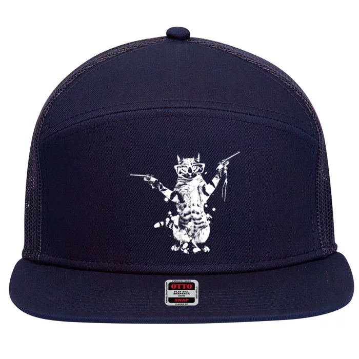 Stencil Graffiti Cat Armed With Guns 7 Panel Mesh Trucker Snapback Hat