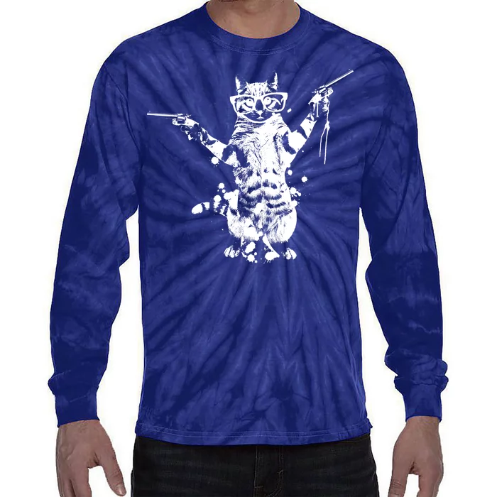 Stencil Graffiti Cat Armed With Guns Tie-Dye Long Sleeve Shirt