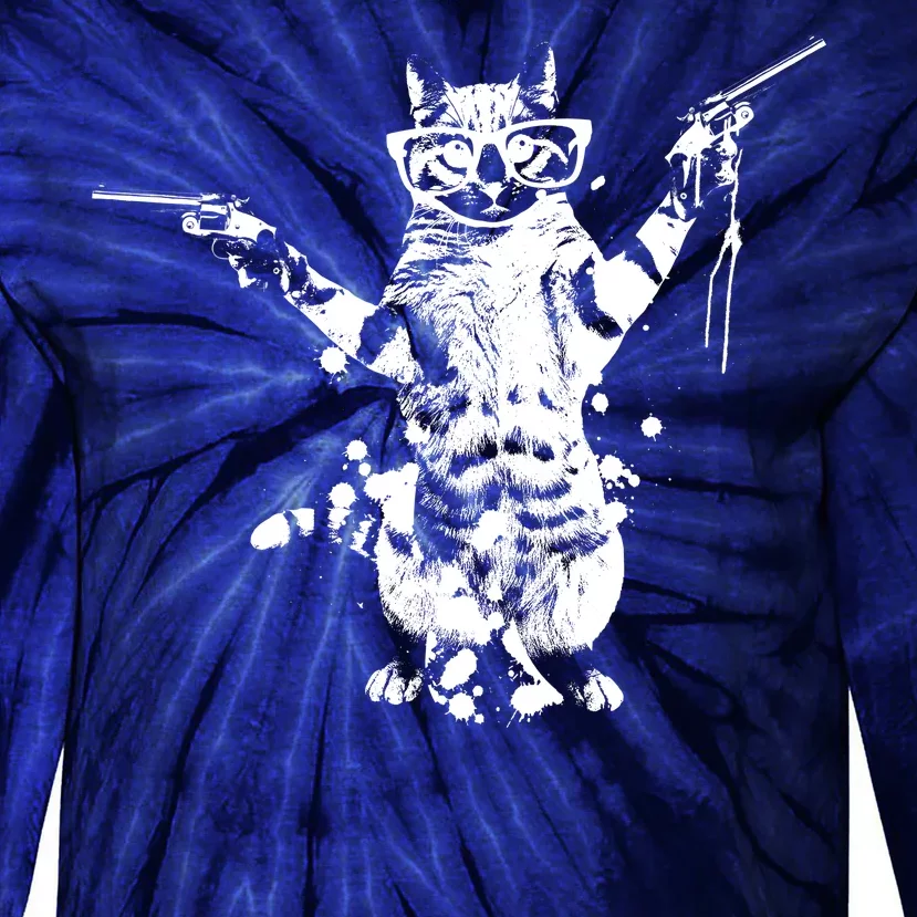 Stencil Graffiti Cat Armed With Guns Tie-Dye Long Sleeve Shirt