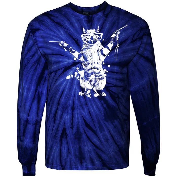 Stencil Graffiti Cat Armed With Guns Tie-Dye Long Sleeve Shirt