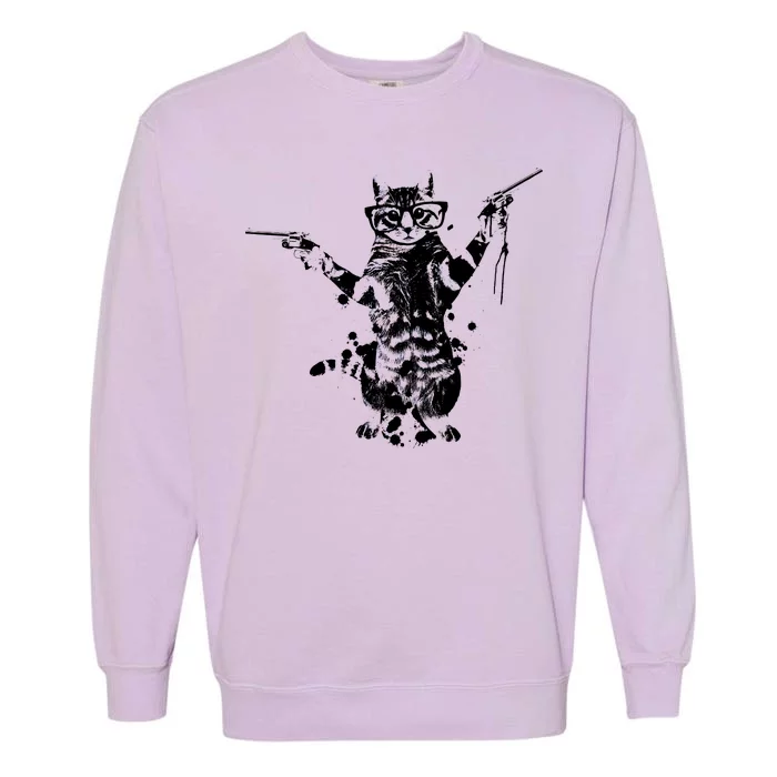 Stencil Graffiti Cat Armed With Guns Garment-Dyed Sweatshirt