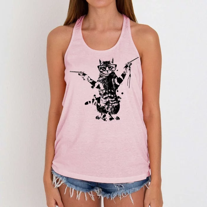 Stencil Graffiti Cat Armed With Guns Women's Knotted Racerback Tank