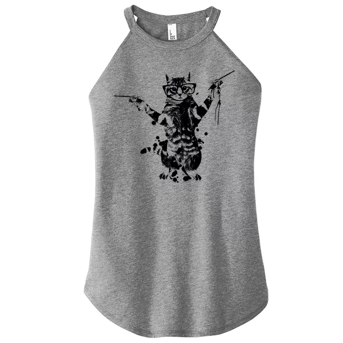 Stencil Graffiti Cat Armed With Guns Women’s Perfect Tri Rocker Tank