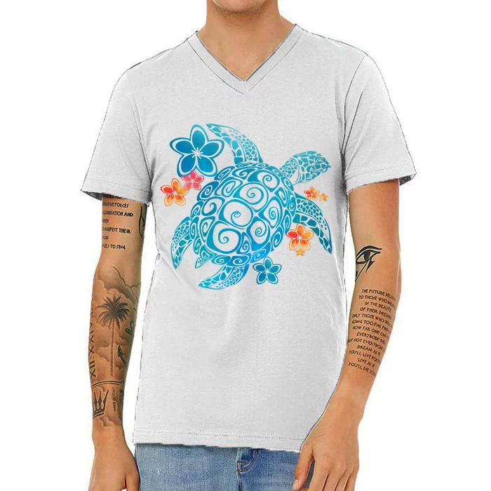 Sea Turtle Floral Tropical Pattern V-Neck T-Shirt