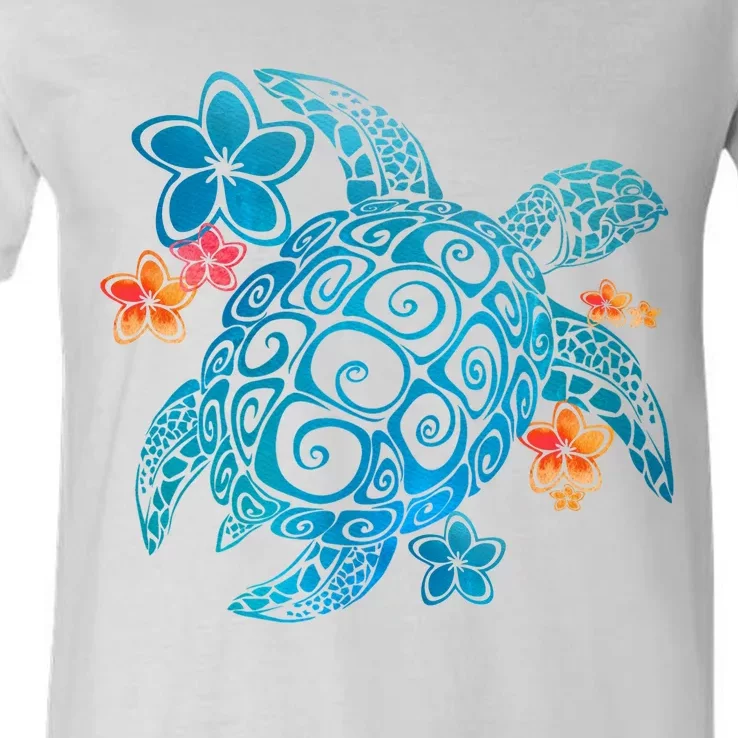 Sea Turtle Floral Tropical Pattern V-Neck T-Shirt