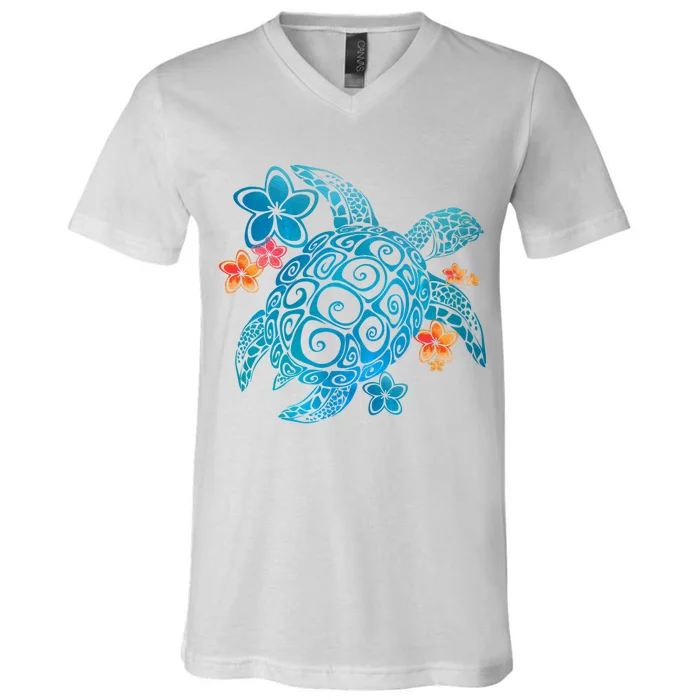 Sea Turtle Floral Tropical Pattern V-Neck T-Shirt