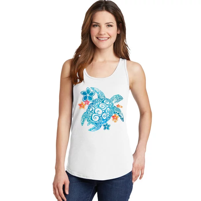 Sea Turtle Floral Tropical Pattern Ladies Essential Tank