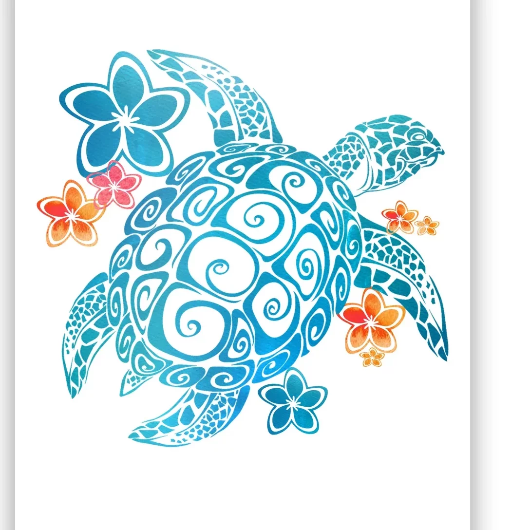 Sea Turtle Floral Tropical Pattern Poster