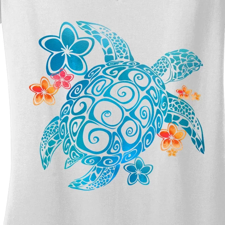 Sea Turtle Floral Tropical Pattern Women's V-Neck T-Shirt