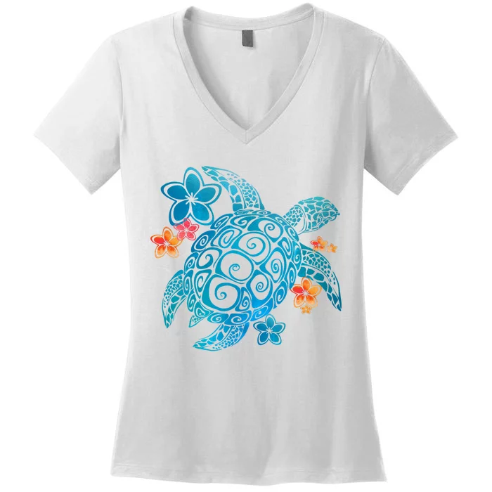 Sea Turtle Floral Tropical Pattern Women's V-Neck T-Shirt