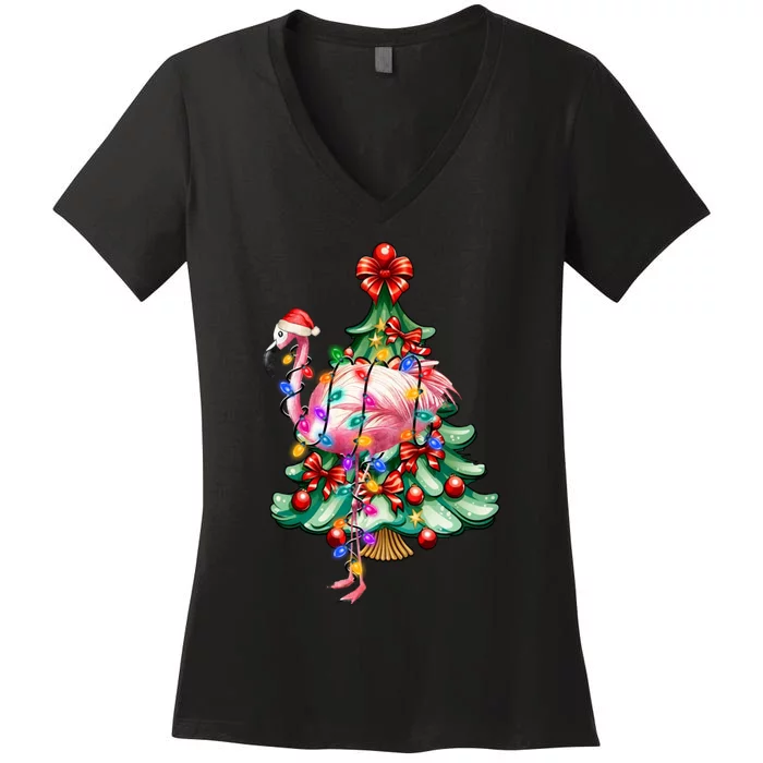 Summer Tropical Flamingo Santa Hat Christmas In July Women's V-Neck T-Shirt