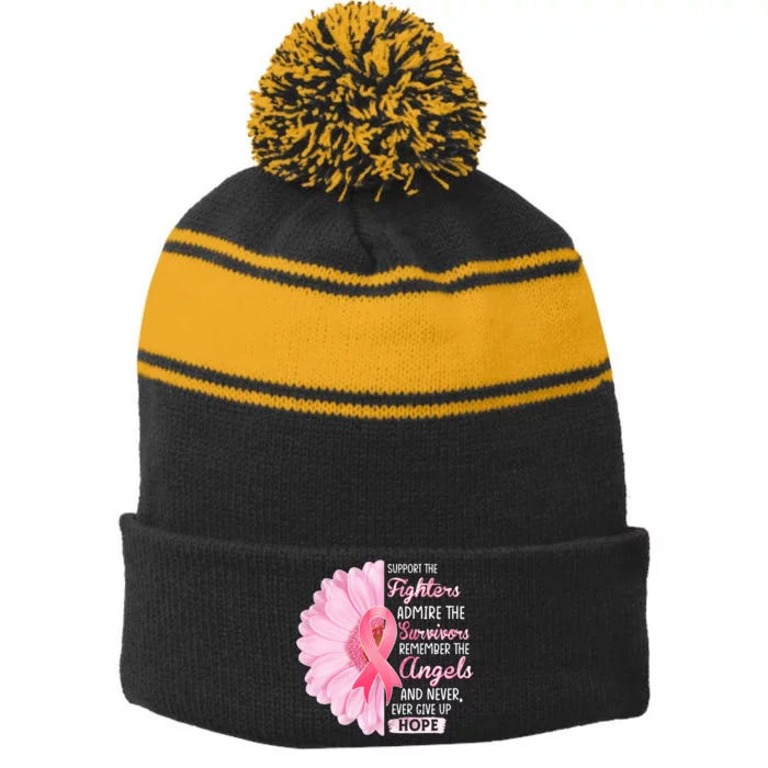 Support The Fighters Admire The Survivors Breast Cancer Stripe Pom Pom Beanie