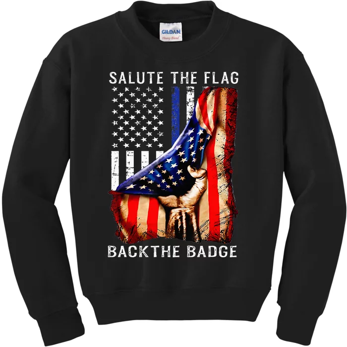 Salute The Flag Back The Badge Flag Police Hand Kids Sweatshirt