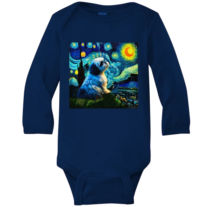 Shih Tzu Funny Dog Van Gogh Starry Night Cutes Funny Clothes Goods Gi Baby Long Sleeve Bodysuit