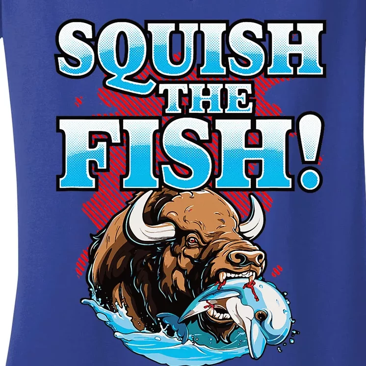 SQUISH THE FISH bison eating dolphin food chain fantasy Women's V-Neck T-Shirt