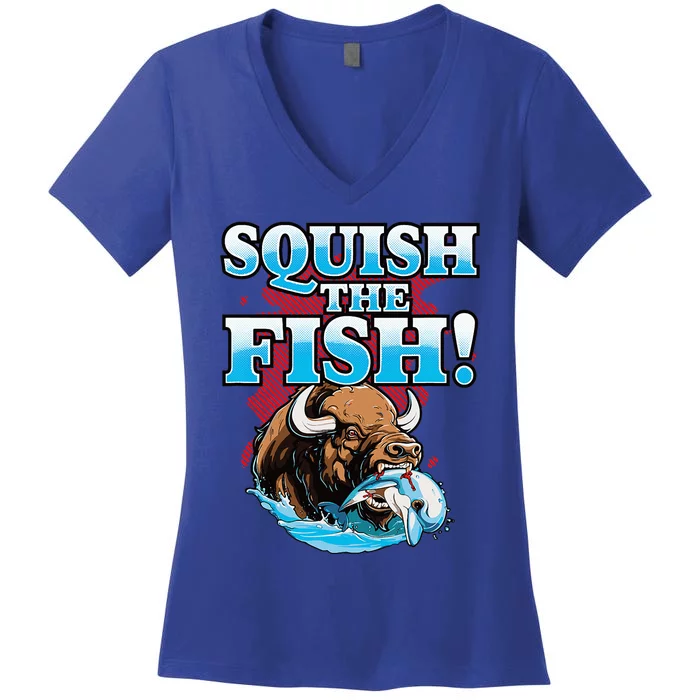 SQUISH THE FISH bison eating dolphin food chain fantasy Women's V-Neck T-Shirt