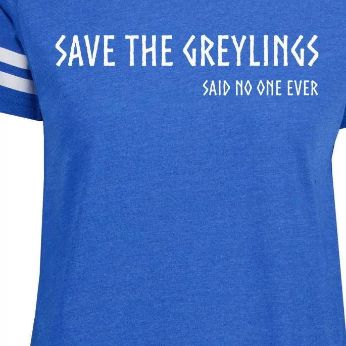 Save The Greylings! Valheim Inspired Viking Funny Gamer Enza Ladies Jersey Football T-Shirt