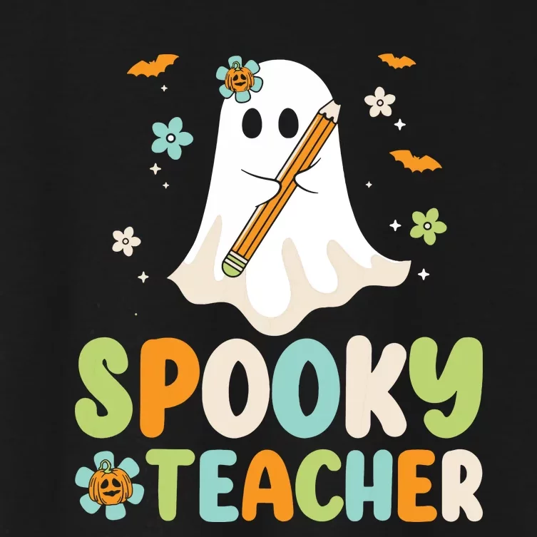 Spooky Teacher Ghost Holding Pencil Halloween Funny Teaching Women's Crop Top Tee