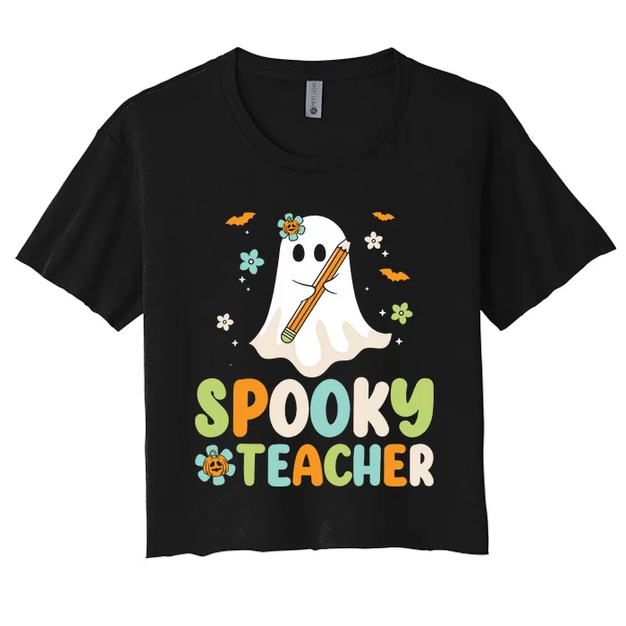 Spooky Teacher Ghost Holding Pencil Halloween Funny Teaching Women's Crop Top Tee