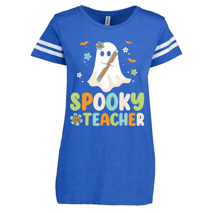 Spooky Teacher Ghost Holding Pencil Halloween Funny Teaching Enza Ladies Jersey Football T-Shirt